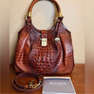 Brahmin Elisa Pecan Melbourne Croc Embossed Leather Satchel Hobo Bag